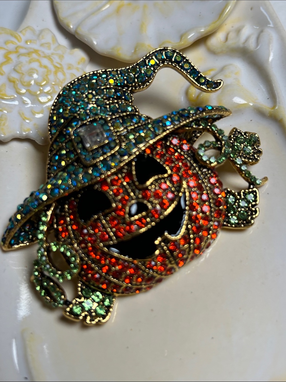 Rhinestone Halloween Pumpkin Brooch - Orange & Teal